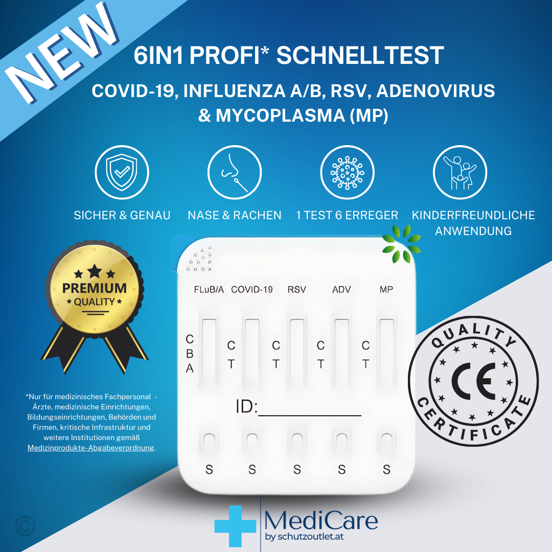 Deepblue 6in1 Profi Antigen Combo Test für COVID-19 (Corona), Grippe A/B, RSV, Adenovirus & Mycoplasma (MP)+ Gratis NANOVIO FFP2 15 Stück Packung