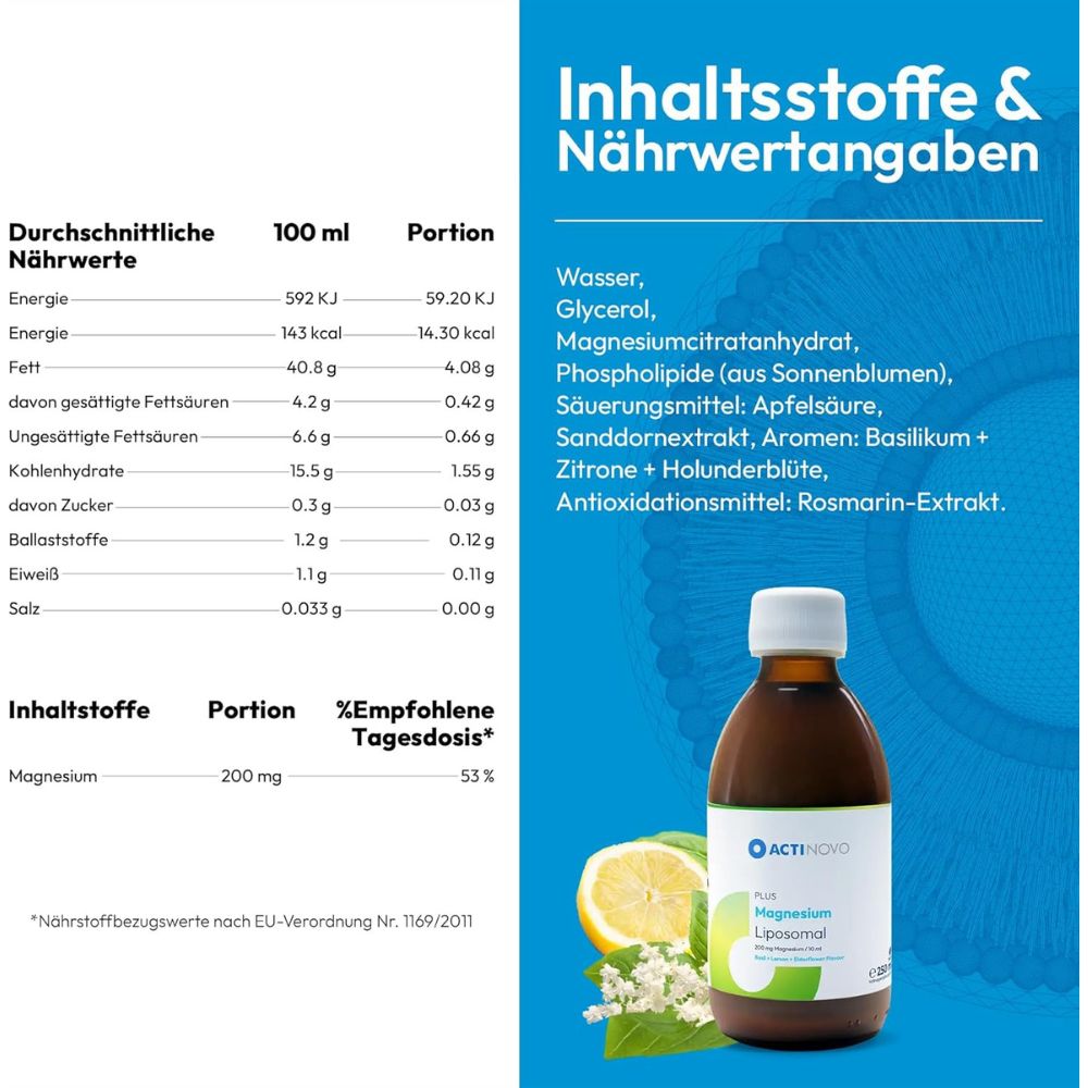 ActiNovo Magnesium Liposomal mit Zitrone-, Basilikum-, Holundergeschmack · 250ml – Bild 5