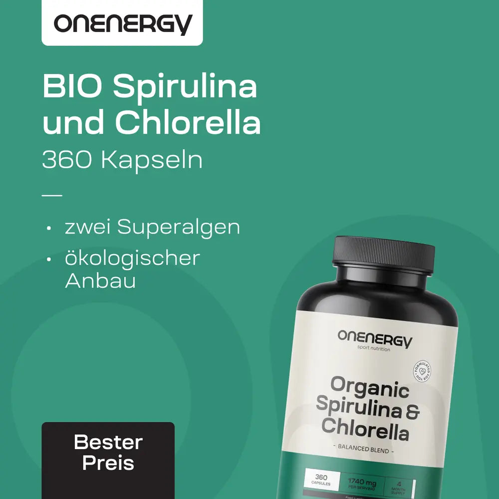 OnEnergy | BIO Spirulina & Chlorella - Widerstandsfähigkeit, Entgiftung und Stoffwechsel – 360 Kapseln
