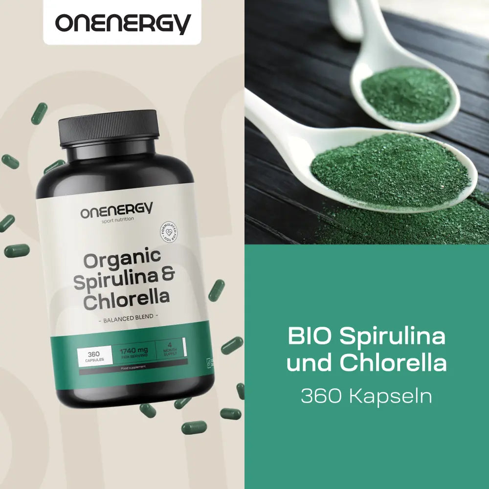 OnEnergy | BIO Spirulina & Chlorella - Widerstandsfähigkeit, Entgiftung und Stoffwechsel – 360 Kapseln