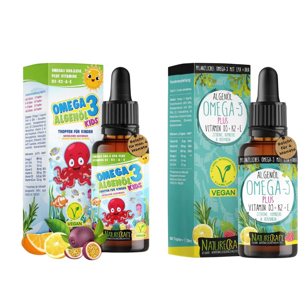 NatureCraft Omega-3 Duo-Set · Algenöl Tropfen Kids + Vegan Algenöl Plus -2x20 ml