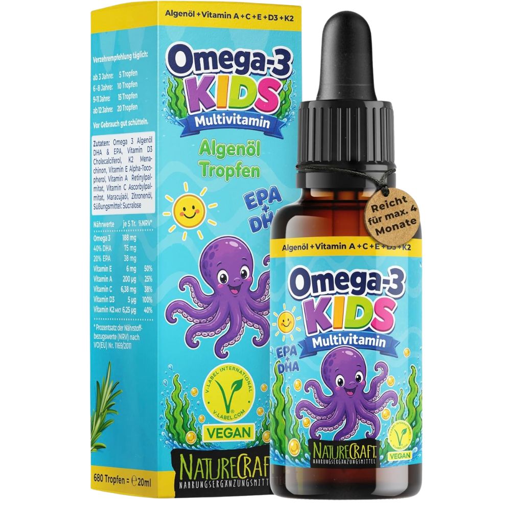 NatureCraft | KIDS Multivitamin Tropfen + Omega-3 – DHA & EPA + Vitamin D3, K2, A, C & E – 20 ml - NEUHEIT