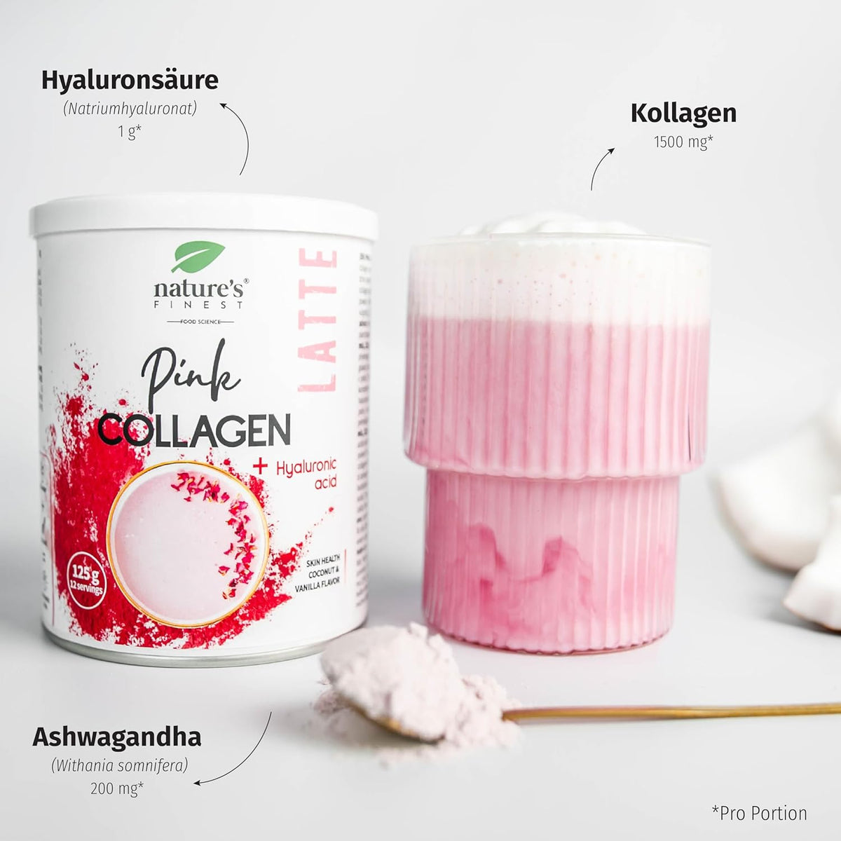 Nature's Finest PINK LATTE Kollagen mit Hyaluronsäure und Ashwagandha – Bild 4
