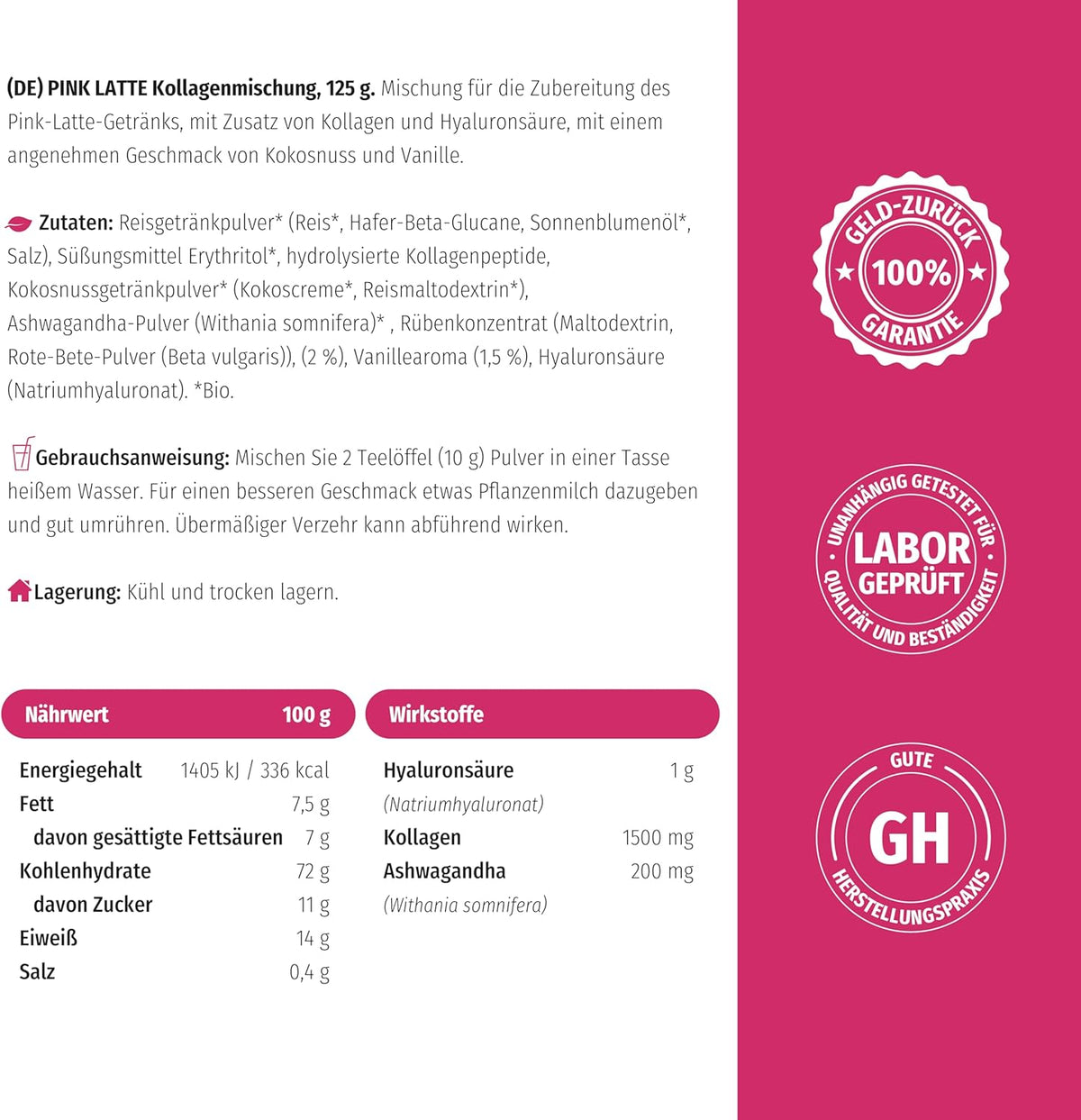 Nature's Finest PINK LATTE Kollagen mit Hyaluronsäure und Ashwagandha – Bild 6