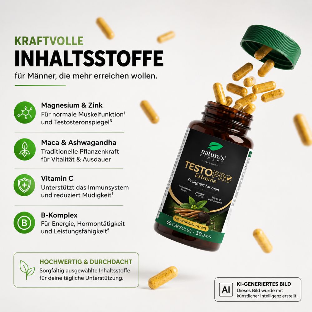 Nature’s Finest | TestoPRO Extreme – Testosteron-Support mit Maca, Ashwagandha, Zink & B-Komplex – 60 Kapseln