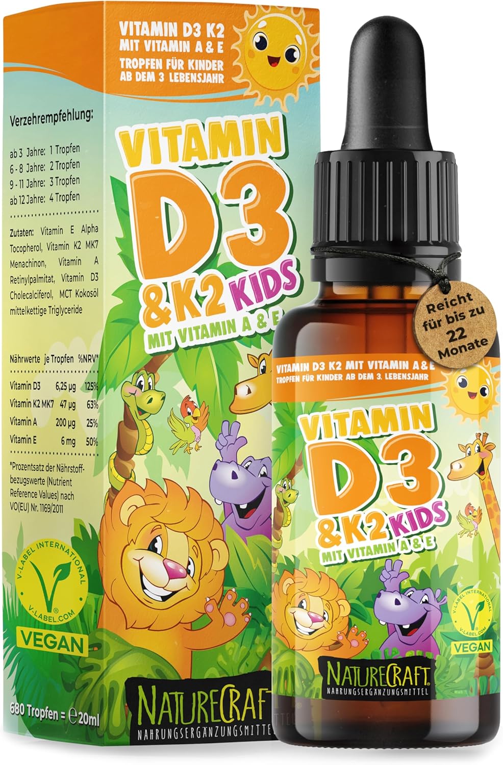 NatureCraft Vegan Vitamin D3+K2 Tropfen KIDS · 20ml