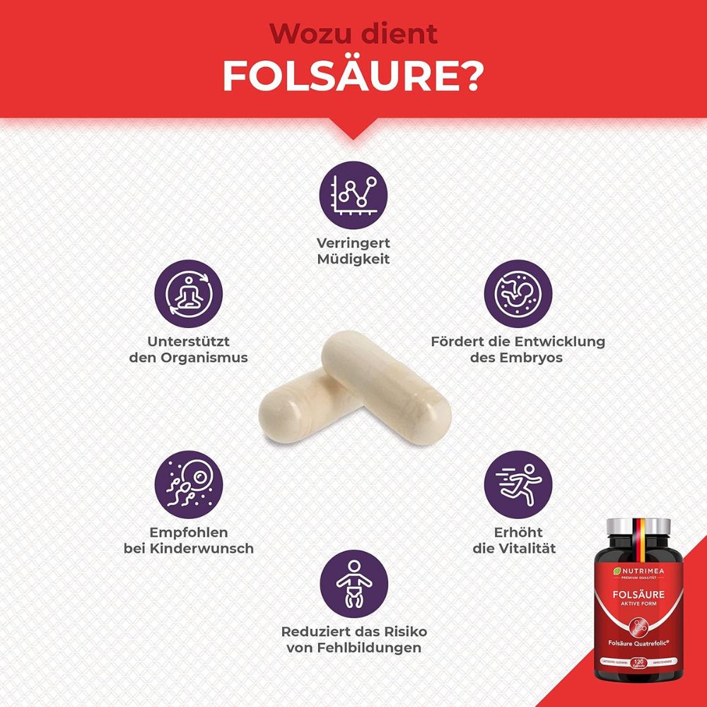 Nutrimea Folsäure (Vitamin B9) mit Quatrefolic® · 400 µg · 120 Kapseln – Bild 2