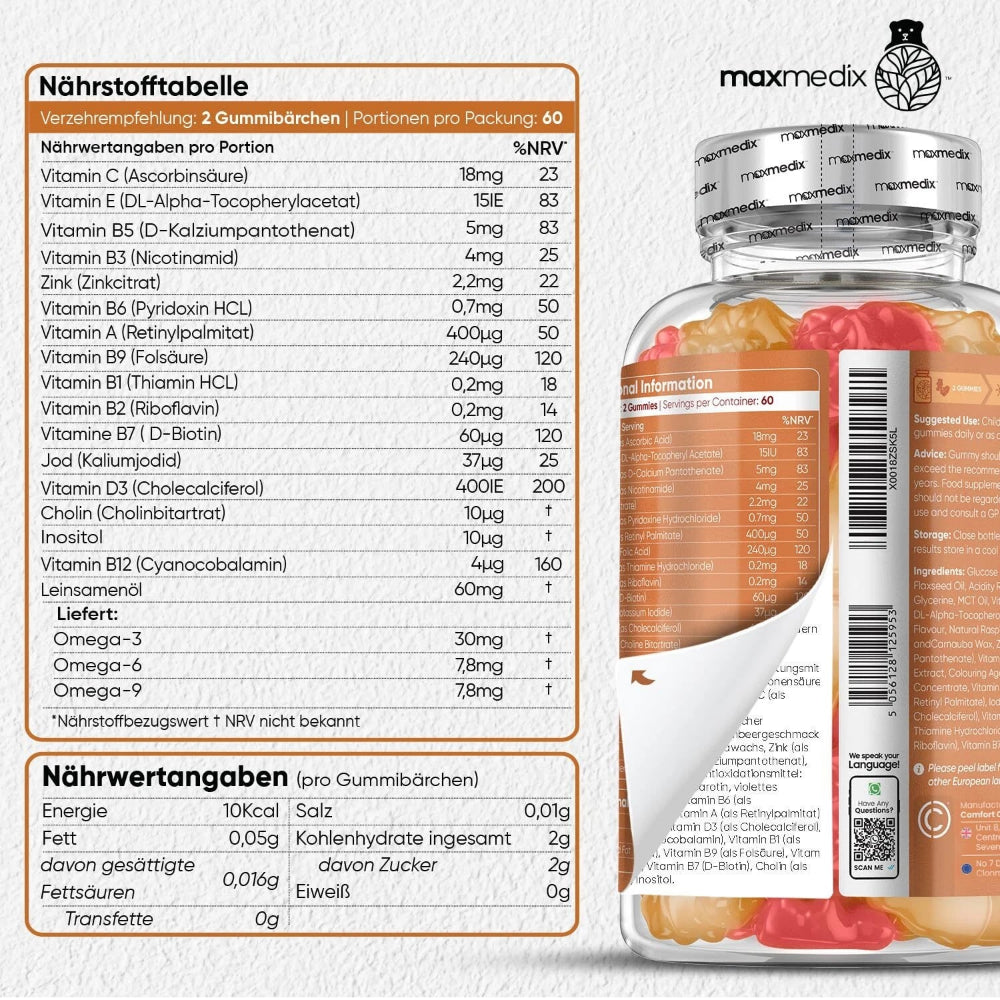 maxmedix | Omega 3, 6, 9 + Multivitamin Gummies für Kinder - 120 Stück