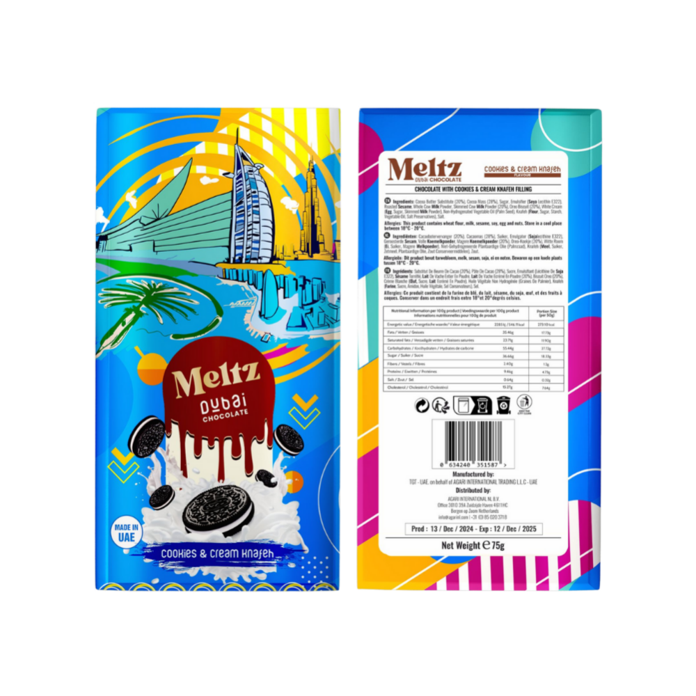 Meltz Dubai Schokolade – Cookies & Cream mit Knafeh-Füllung (75 g)
