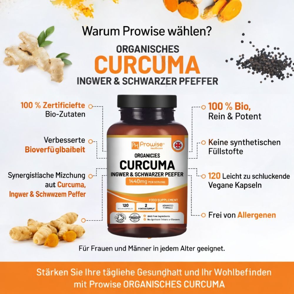 Prowise Healthcare Kurkuma 1440 mg mit Schwarzem Pfeffer und Ingwer · 120 vegane Kapseln – Bild 3