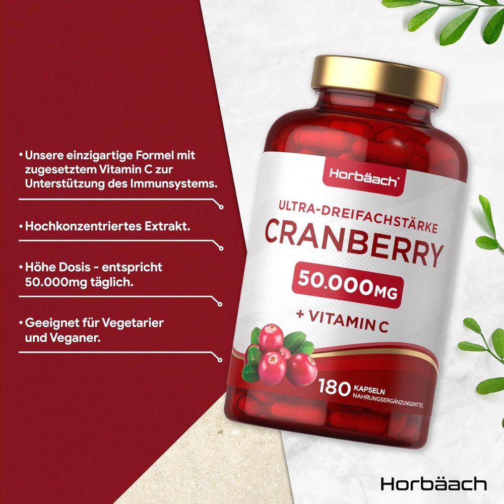 Horbaach Cranberry Hochdosiert 50000mg mit 200mg Vitamin C · 180 Kapseln – Bild 2