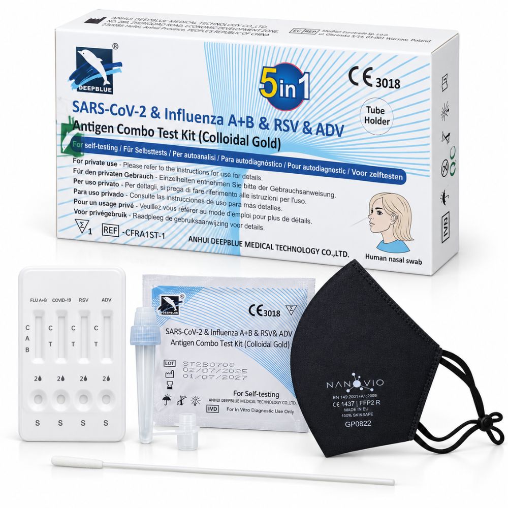 NEU: DeepBlue 5-in-1 Kombi-Schnelltest – COVID-19, Influenza A+B, RSV & Adenovirus + Gratis Nanovio FFP2
