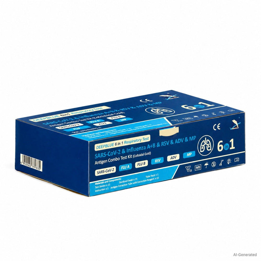 Deepblue | 6in1  Profi Antigen Combo Test für COVID-19 (Corona), Grippe A/B, RSV, Adenovirus & Mycoplasma (MP) 15 Stück Packung