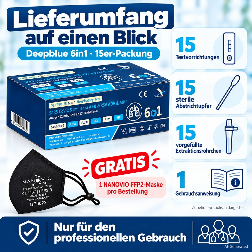 Deepblue | 6in1  Profi Antigen Combo Test für COVID-19 (Corona), Grippe A/B, RSV, Adenovirus & Mycoplasma (MP) 15 Stück Packung