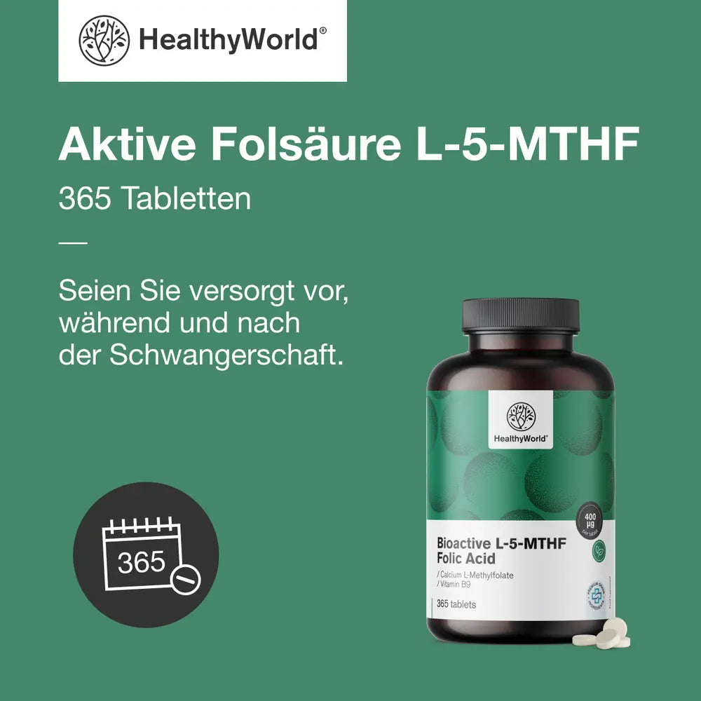 HealthyWorld Aktive Folsäure L-5-MTHF Schwangerschaftsvitamin · 365 Tabletten – Bild 3