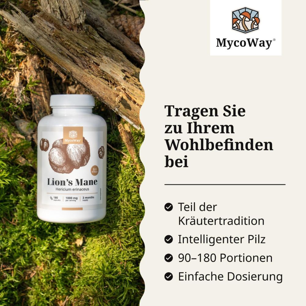 MycoWay Lion's Mane 1000 mg · Extrakt 5:1 · 180 Kapseln – Bild 2