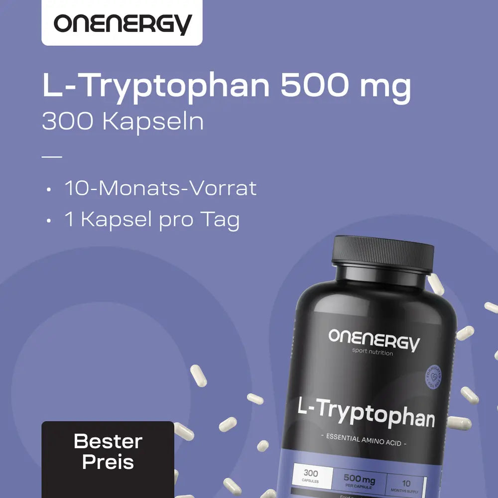 OnEnergy | L-Tryptophan 500 mg essentielle Aminosäure – 300 Kapseln