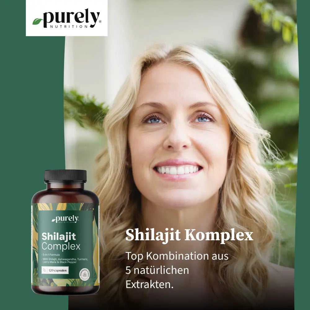 Purely Shilajit Komplex mit Ashwagandha, Kurkuma und Löwenmähne · 120 Kapseln – Bild 2
