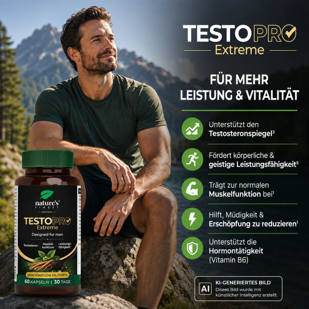 Nature’s Finest | TestoPRO Extreme – Testosteron-Support mit Maca, Ashwagandha, Zink & B-Komplex – 60 Kapseln